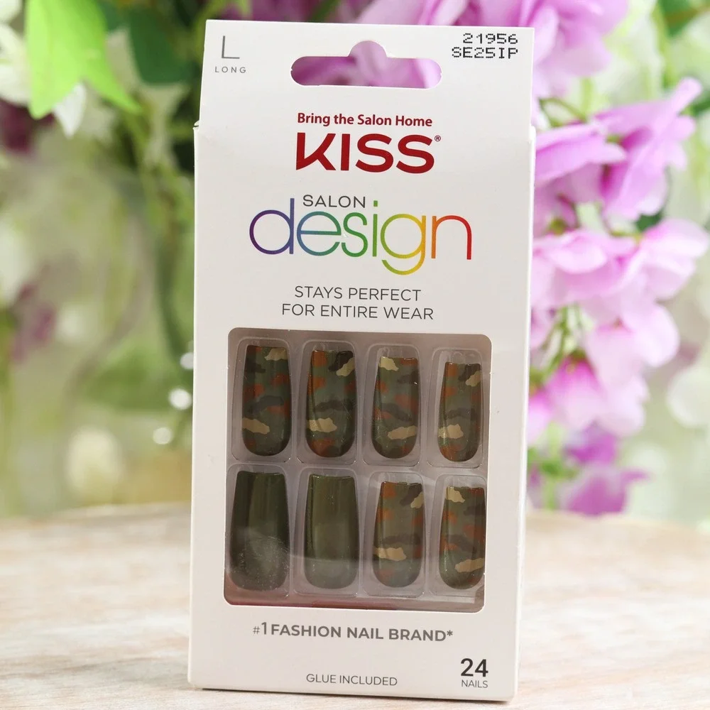 KISS Salon Design Camouflage Press On Nails Long Coffin 24ct Glue Included 21956